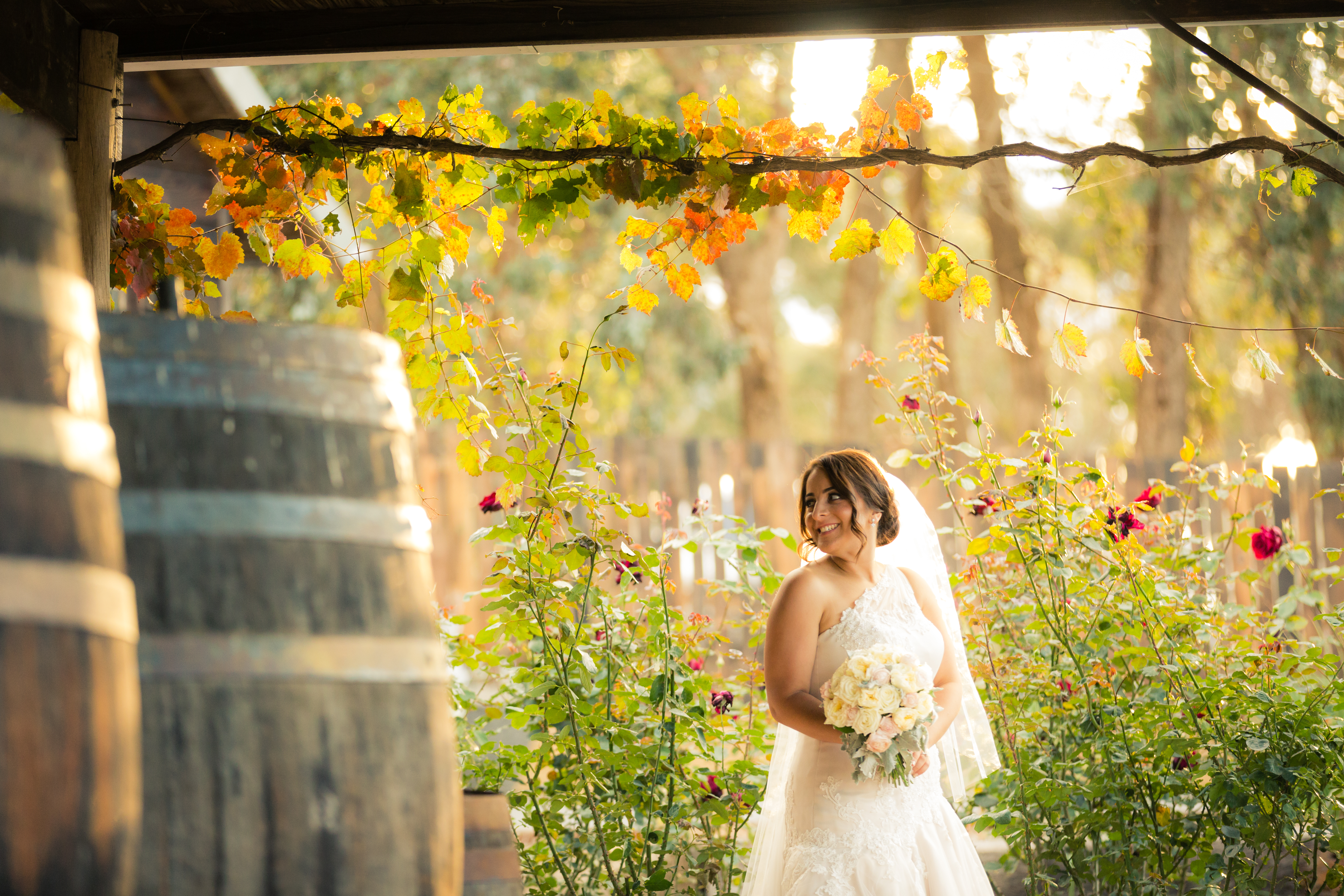 Just Married Woman in the Vineyard next to Wine Barrels