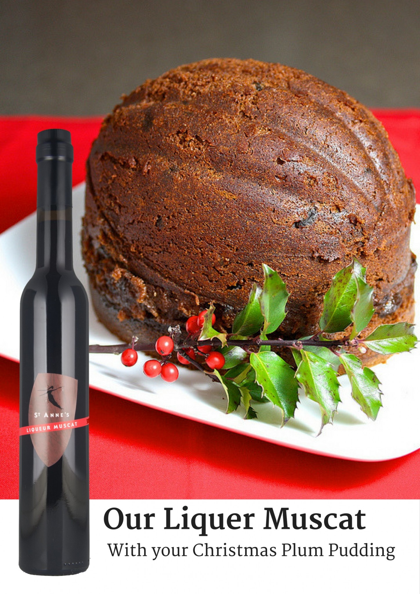 A bottle of liquer muscat superimposed over a christmas pudding.
