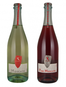 Two bottles of moscato: a white and a pink.