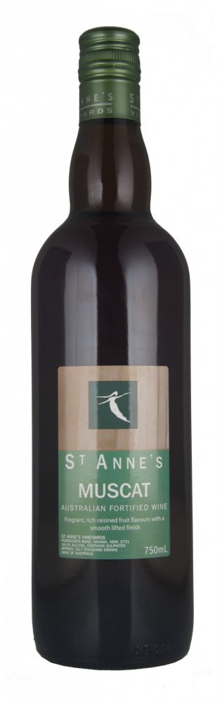 St Anne's sweet Muscat Wine – a black bottle with a green lid and label. The label reads "St Anne's Muscat – Australian Fortified Wine"