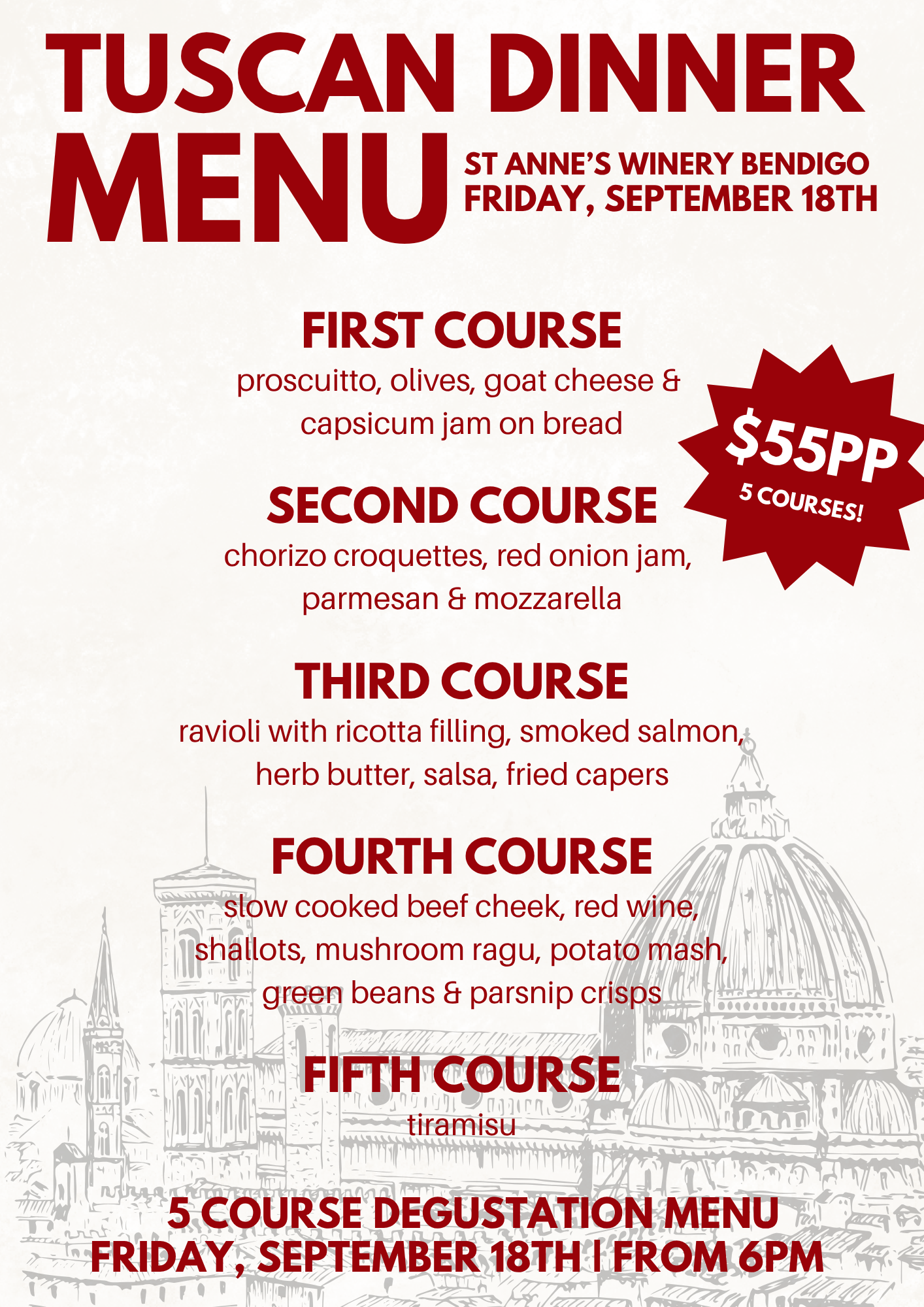 Tuscan Dinner Menu First Course: Prosciutto, olives, goat cheese & capsicum jam on bread Second Course: corizza croquettes, red onion jam, parmesan & mozzarella Third Course: ravioli with ricotta filling, smoked salmon, herb butter, salsa & fried capers Fourth Course: slow cooked beef cheek, red win, shallots, mushroom rags, potato mash, green beans & parsnips crisps Fifth Course: tiramisu